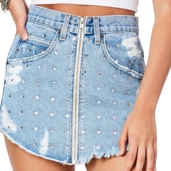 Carmar Belinda Distressed Denim Mini Skirt w/ Rhinestone & Zipper - Size 24 - Picture 1 of 6
